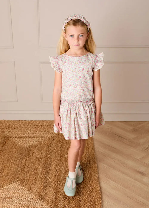 Adelaide Floral Smocked Cap Sleeve Drop Waist Dress in Pink (4-12yrs) DRESSES from Pepa London
