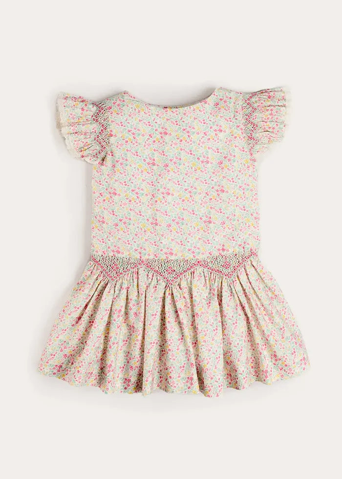 Adelaide Floral Smocked Cap Sleeve Drop Waist Dress in Pink (4-12yrs) DRESSES from Pepa London