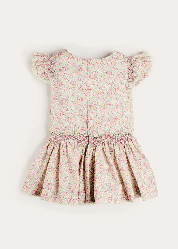 Adelaide Floral Smocked Cap Sleeve Drop Waist Dress in Pink (4-12yrs) DRESSES from Pepa London