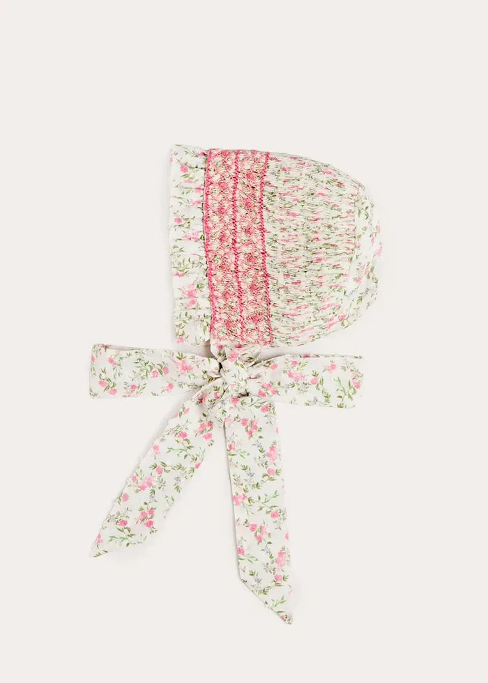 Alice Floral Hand Smocked Bonnet in Pink (XS-S) BONNETS from Pepa London