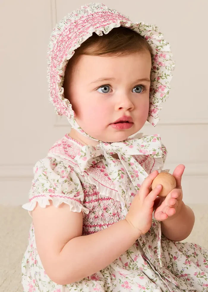 Alice Floral Hand Smocked Bonnet in Pink (XS-S) BONNETS from Pepa London