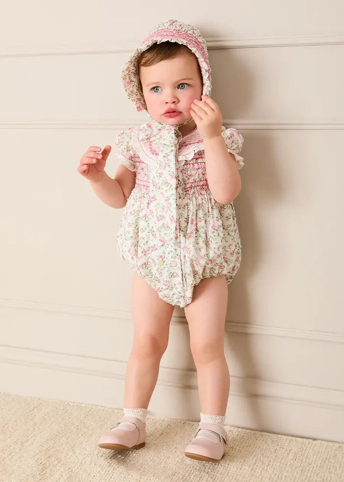 Alice Floral Hand Smocked Bonnet in Pink (XS-S) BONNETS from Pepa London