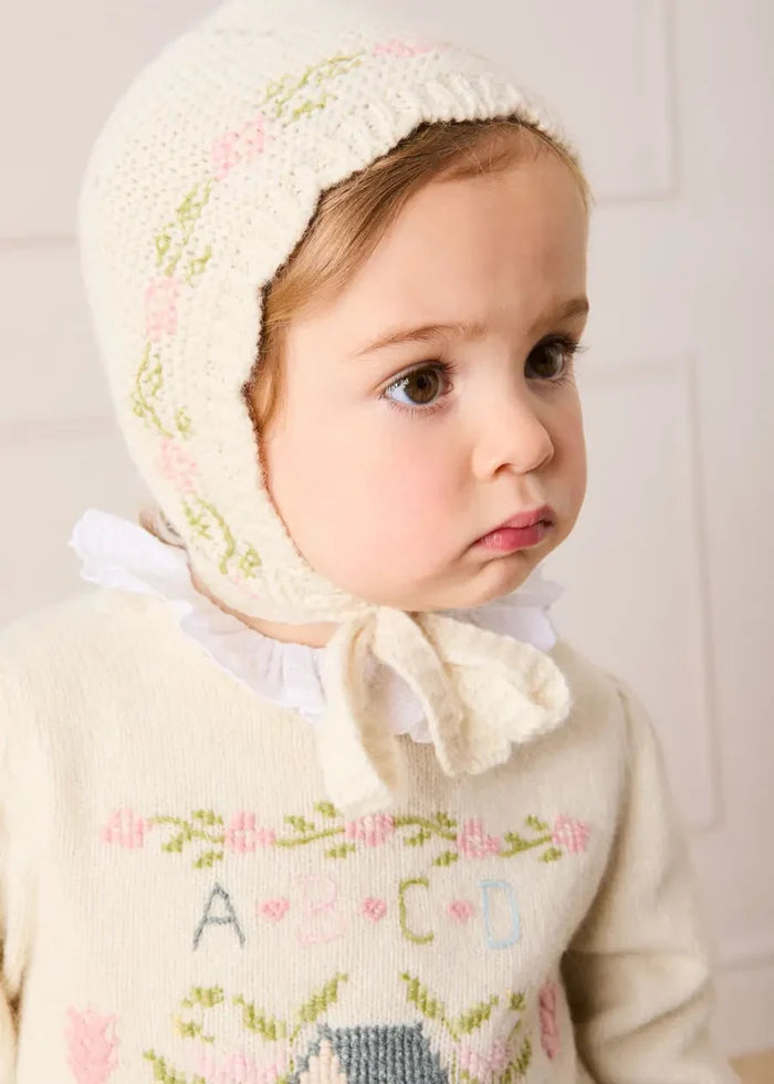Alpaca Wool Floral Embroidered Bonnet in Cream (S-L) BONNETS from Pepa London
