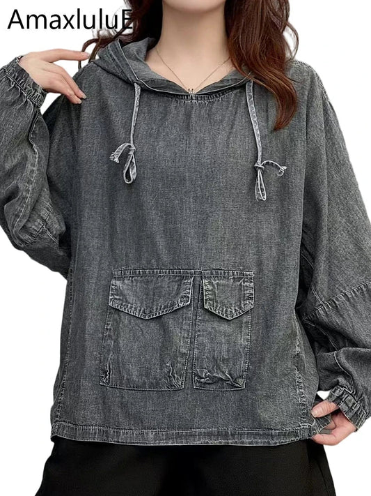 Amax LuluE Designer Winter Fashion Clothes Womens Loose Hooded Denim Hoodies Ladies Classic Oversized Vintage Casual Sweatshirts