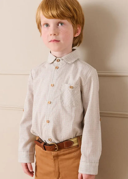 Ambrose Check Polo Collar Long Sleeve Shirt in Beige (12mths-10yrs) SHIRTS from Pepa London