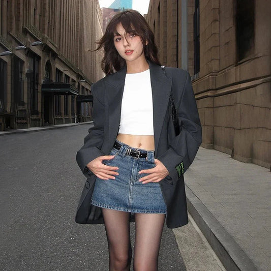 American Street Oversized Blazer for Women Vintage Notched Collar Casual Suit Jacket Woman Spring Autumn Trend Y2K Blazers Coat