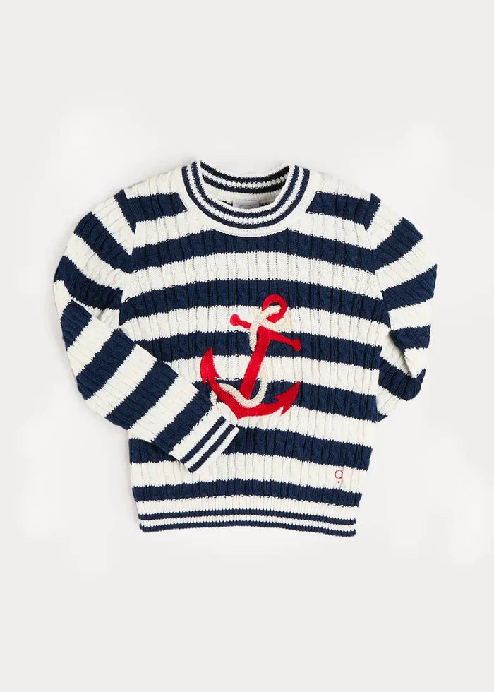 Anchor Motif Cable Knit Sailor Stripe Jumper in Navy (12mths- 10yrs) KNITWEAR from Pepa London
