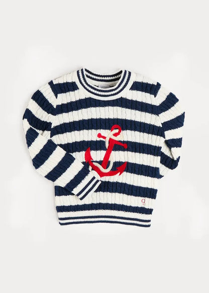 Anchor Motif Cable Knit Sailor Stripe Jumper in Navy (12mths- 10yrs) KNITWEAR from Pepa London