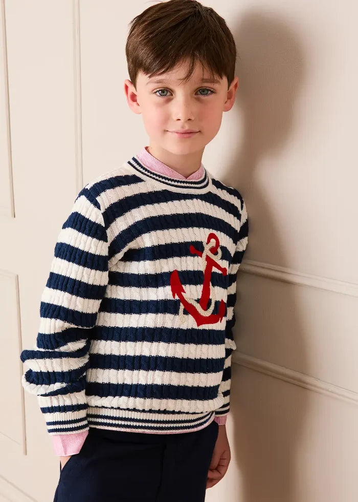 Anchor Motif Cable Knit Sailor Stripe Jumper in Navy (12mths- 10yrs) KNITWEAR from Pepa London