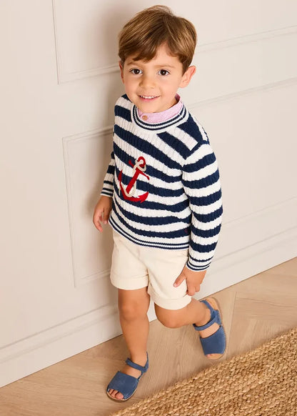 Anchor Motif Cable Knit Sailor Stripe Jumper in Navy (12mths- 10yrs) KNITWEAR from Pepa London