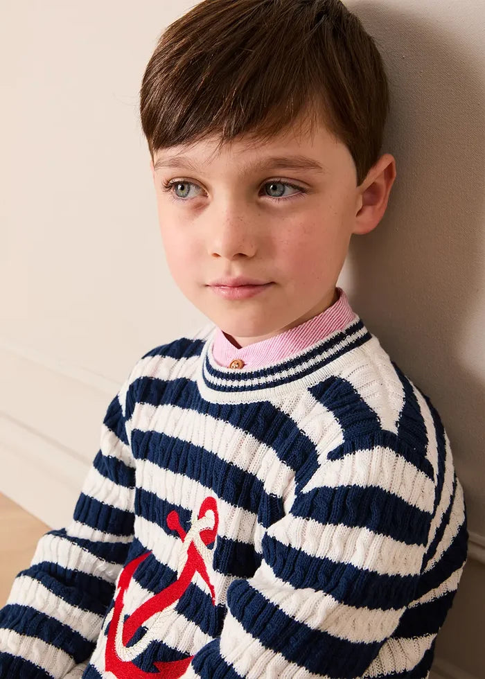 Anchor Motif Cable Knit Sailor Stripe Jumper in Navy (12mths- 10yrs) KNITWEAR from Pepa London