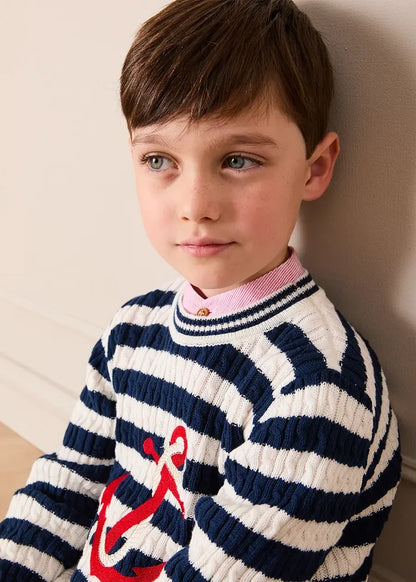 Anchor Motif Cable Knit Sailor Stripe Jumper in Navy (12mths- 10yrs) KNITWEAR from Pepa London