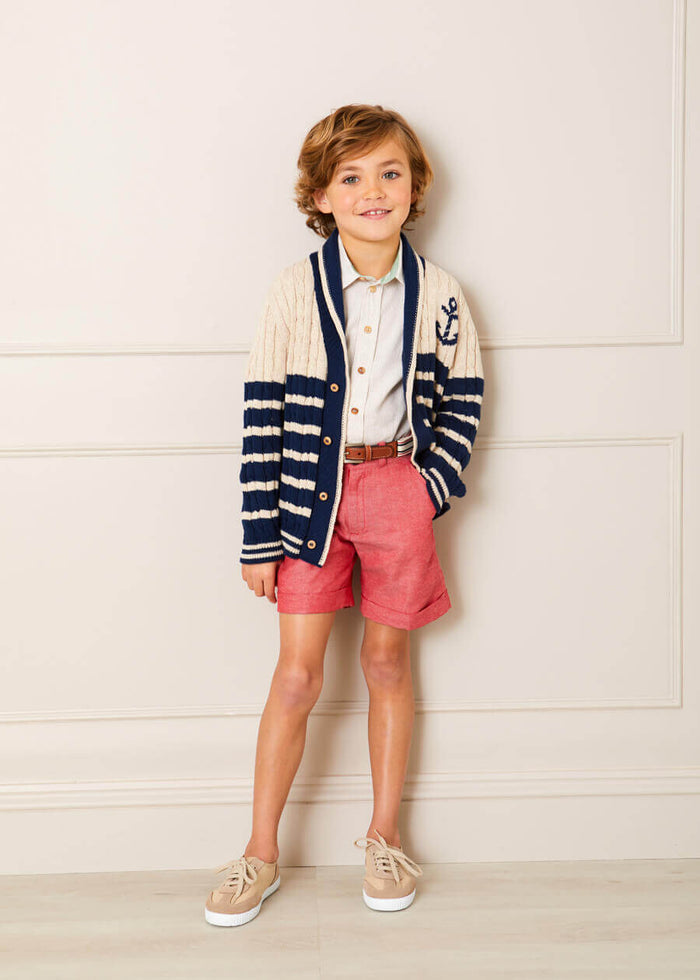 Anchor Motif Striped Cable Knit Cardigan in Navy (2-10yrs) KNITWEAR from Pepa London
