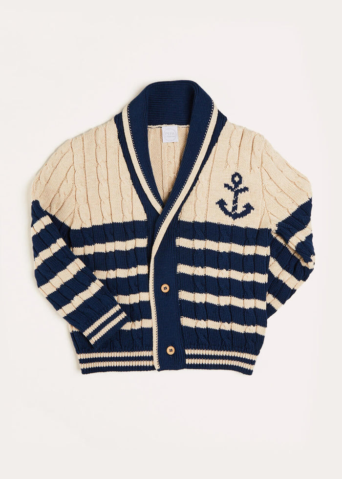 Anchor Motif Striped Cable Knit Cardigan in Navy (2-10yrs) KNITWEAR from Pepa London