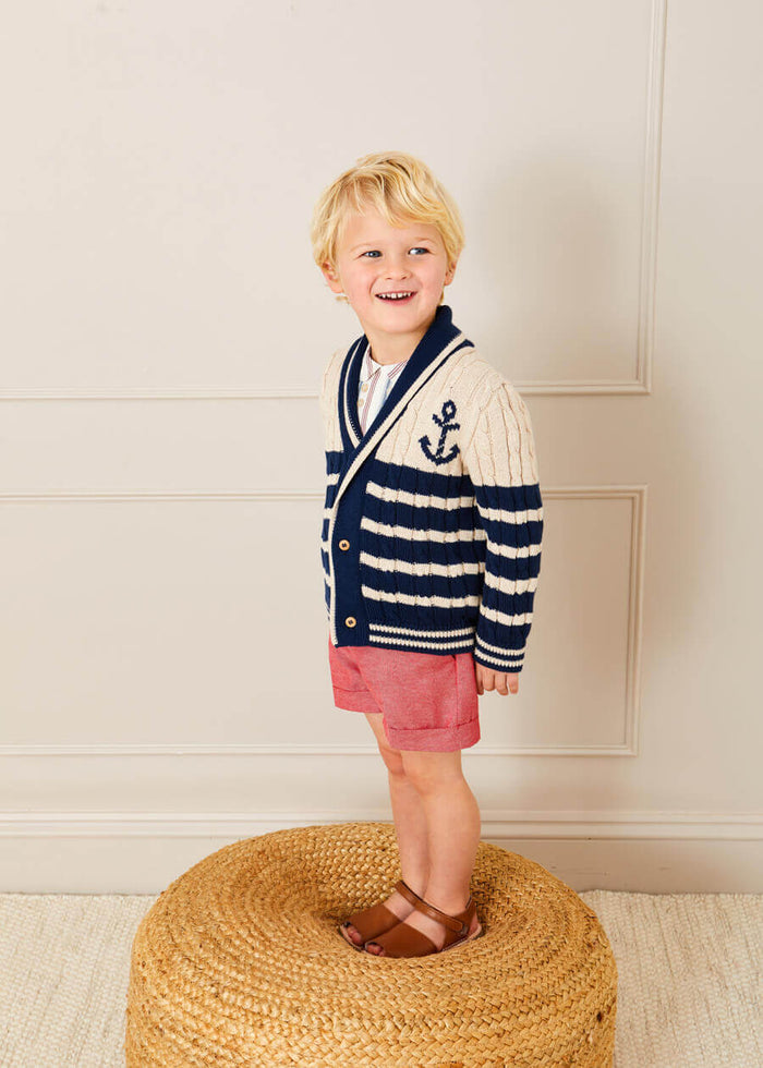Anchor Motif Striped Cable Knit Cardigan in Navy (2-10yrs) KNITWEAR from Pepa London