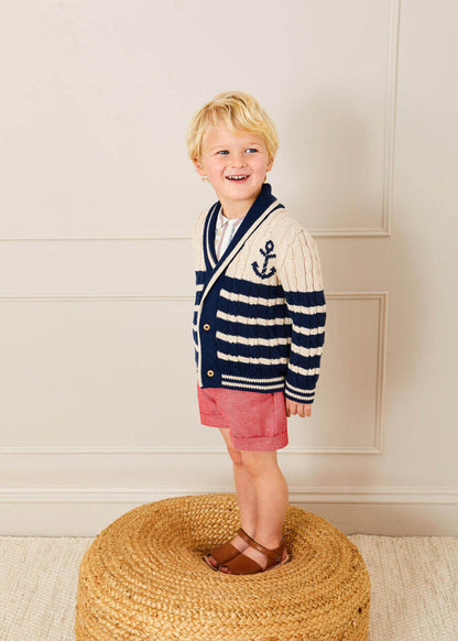 Anchor Motif Striped Cable Knit Cardigan in Navy (2-10yrs) KNITWEAR from Pepa London