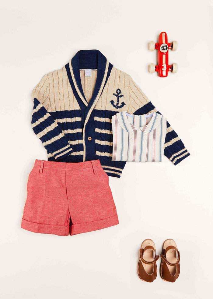 Anchor Motif Striped Cable Knit Cardigan in Navy (2-10yrs) KNITWEAR from Pepa London
