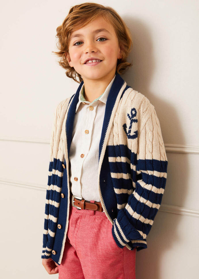 Anchor Motif Striped Cable Knit Cardigan in Navy (2-10yrs) KNITWEAR from Pepa London