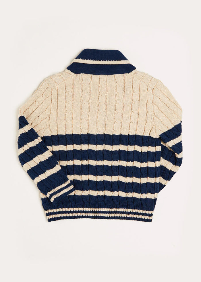 Anchor Motif Striped Cable Knit Cardigan in Navy (2-10yrs) KNITWEAR from Pepa London