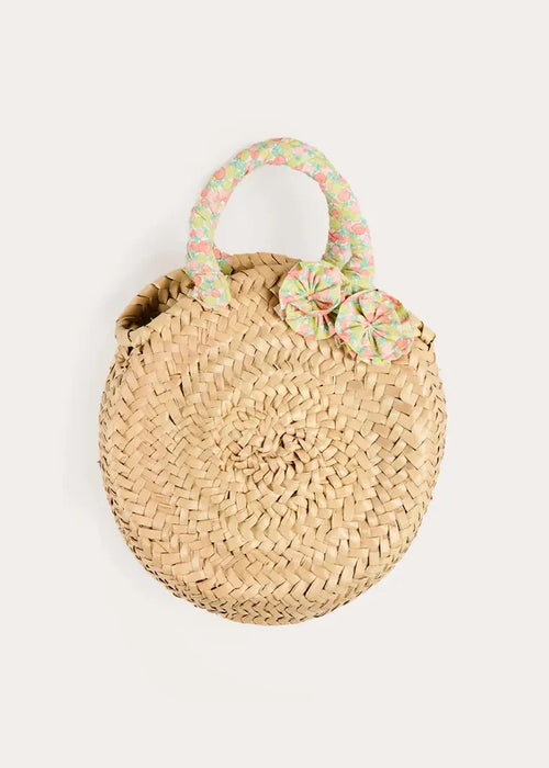 Annie Apple Print Raffia Round Beach Bag in Green ACCESSORIES from Pepa London