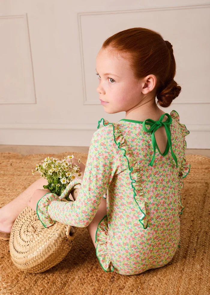 Annie Apple Print Raffia Round Beach Bag in Green ACCESSORIES from Pepa London