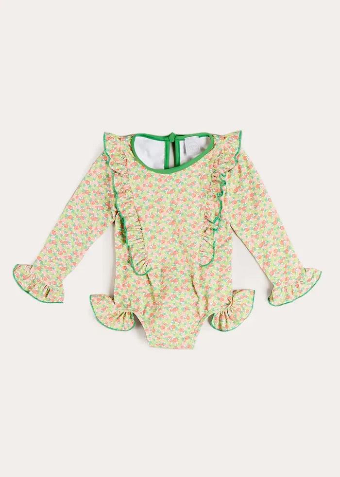 Annie Apple Print Ruffle Detail Long Sleeve Swimsuit in Green (12mths- 10yrs) SWIMWEAR from Pepa London
