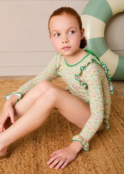 Annie Apple Print Ruffle Detail Long Sleeve Swimsuit in Green (12mths- 10yrs) SWIMWEAR from Pepa London