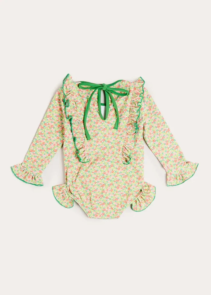 Annie Apple Print Ruffle Detail Long Sleeve Swimsuit in Green (12mths- 10yrs) SWIMWEAR from Pepa London