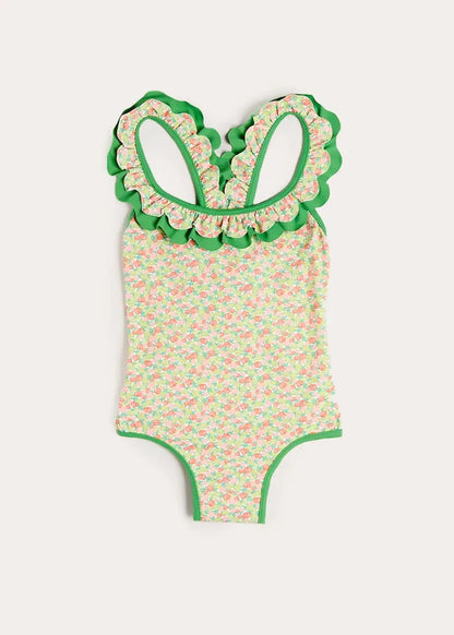 Annie Apple Print Ruffle Detail Swimsuit in Green (12mths- 10yrs) SWIMWEAR from Pepa London