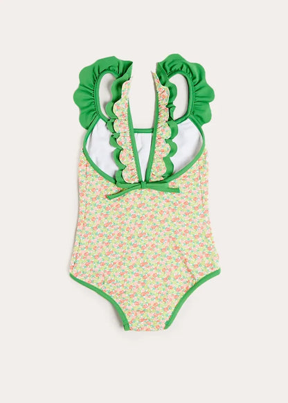 Annie Apple Print Ruffle Detail Swimsuit in Green (12mths- 10yrs) SWIMWEAR from Pepa London