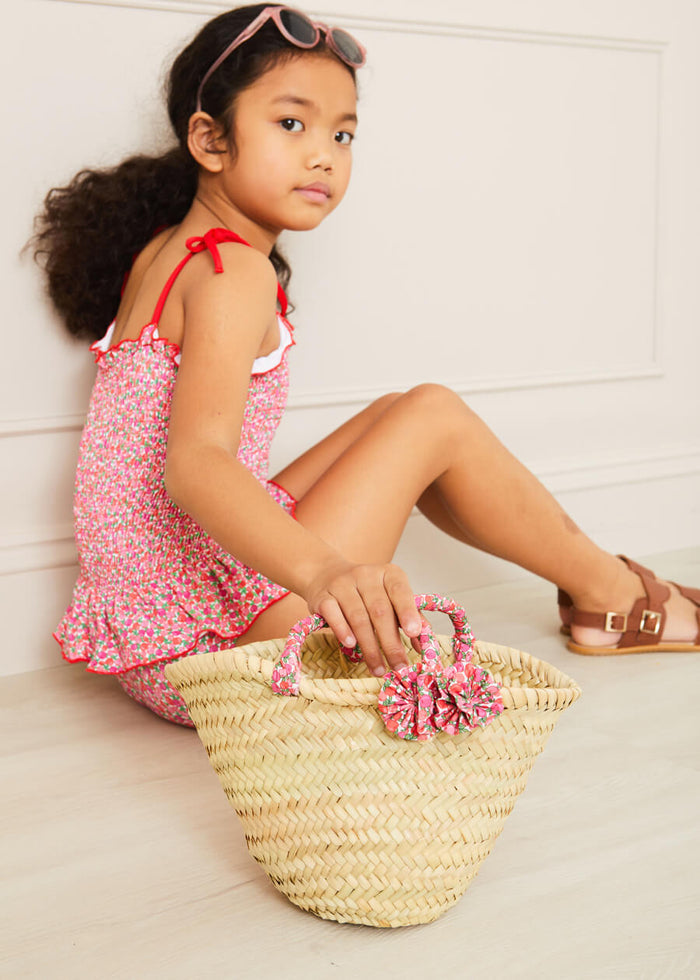Annie Floral Print Bow Detail Straw Bag in Pink (S-M) ACCESSORIES from Pepa London