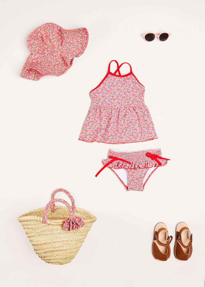 Annie Floral Print Bow Detail Straw Bag in Pink (S-M) ACCESSORIES from Pepa London