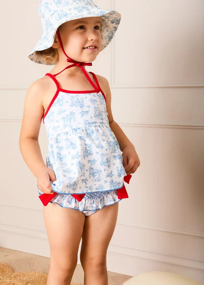 Audrey Toile Bow Detail Smocked Two Piece Swimsuit in Blue (12mths- 10yrs) SWIMWEAR from Pepa London