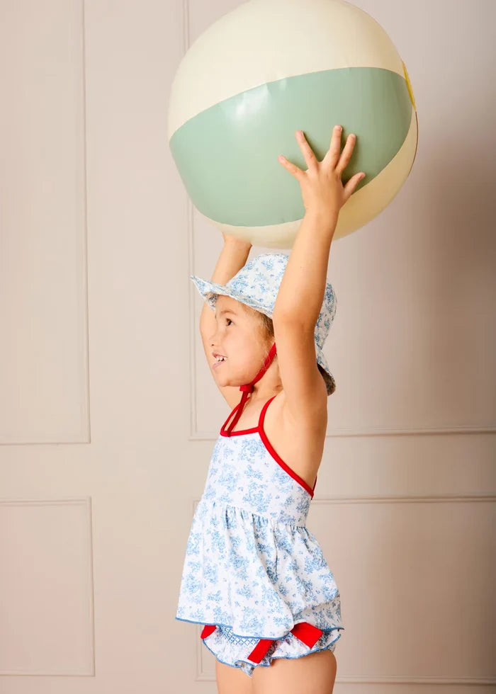 Audrey Toile Bow Detail Smocked Two Piece Swimsuit in Blue (12mths- 10yrs) SWIMWEAR from Pepa London