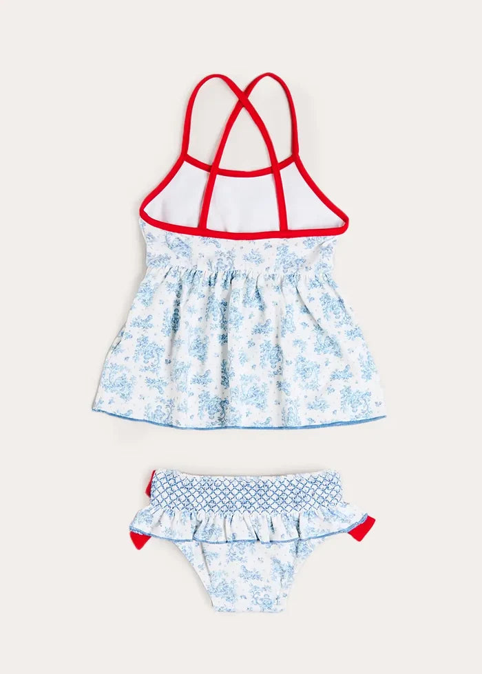 Audrey Toile Bow Detail Smocked Two Piece Swimsuit in Blue (12mths- 10yrs) SWIMWEAR from Pepa London