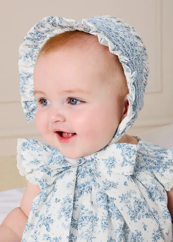 Audrey Toile Hand Smocked Bonnet in Blue (XS-S) BONNETS from Pepa London