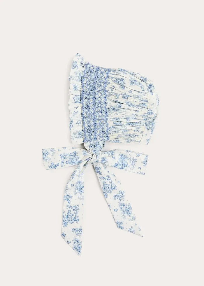 Audrey Toile Hand Smocked Bonnet in Blue (XS-S) BONNETS from Pepa London