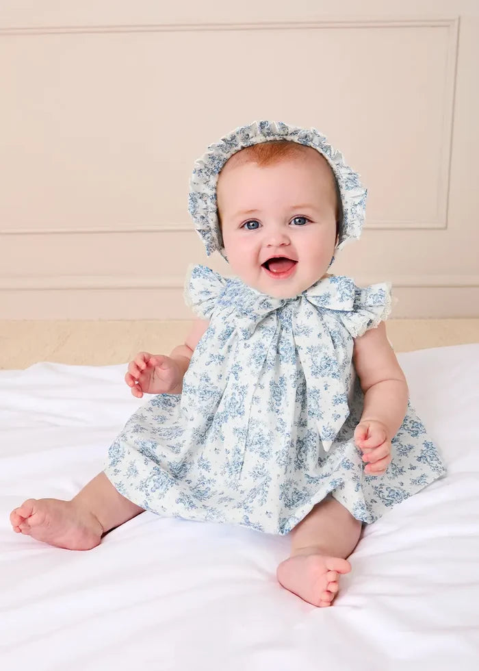 Audrey Toile Hand Smocked Bonnet in Blue (XS-S) BONNETS from Pepa London