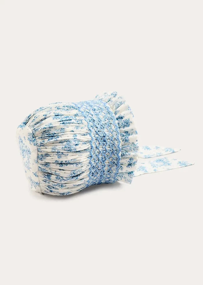 Audrey Toile Hand Smocked Bonnet in Blue (XS-S) BONNETS from Pepa London