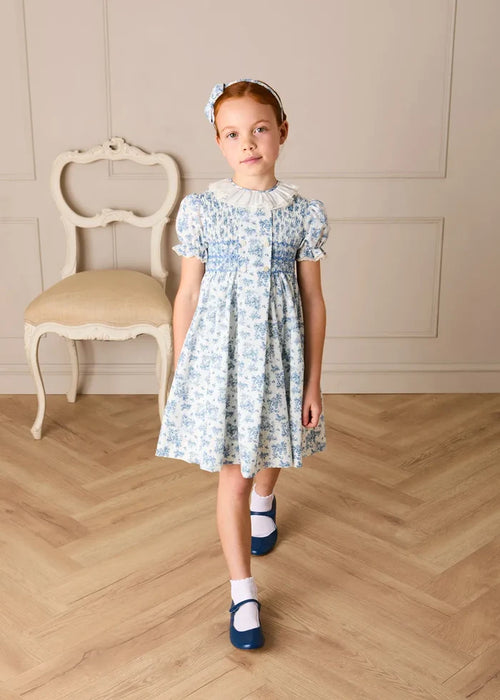 Audrey Toile Hand Smocked Ruffle Collar Short Sleeve Dress in Blue (12mths- 10yrs) DRESSES from Pepa London