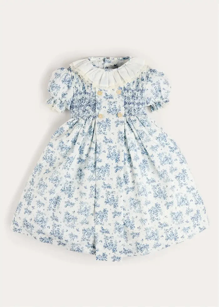 Audrey Toile Hand Smocked Ruffle Collar Short Sleeve Dress in Blue (12mths- 10yrs) DRESSES from Pepa London