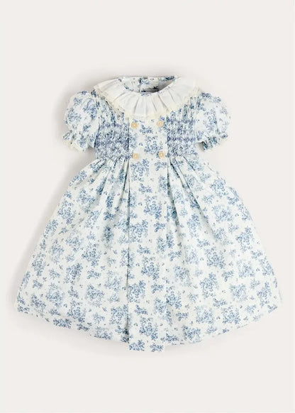 Audrey Toile Hand Smocked Ruffle Collar Short Sleeve Dress in Blue (12mths- 10yrs) DRESSES from Pepa London
