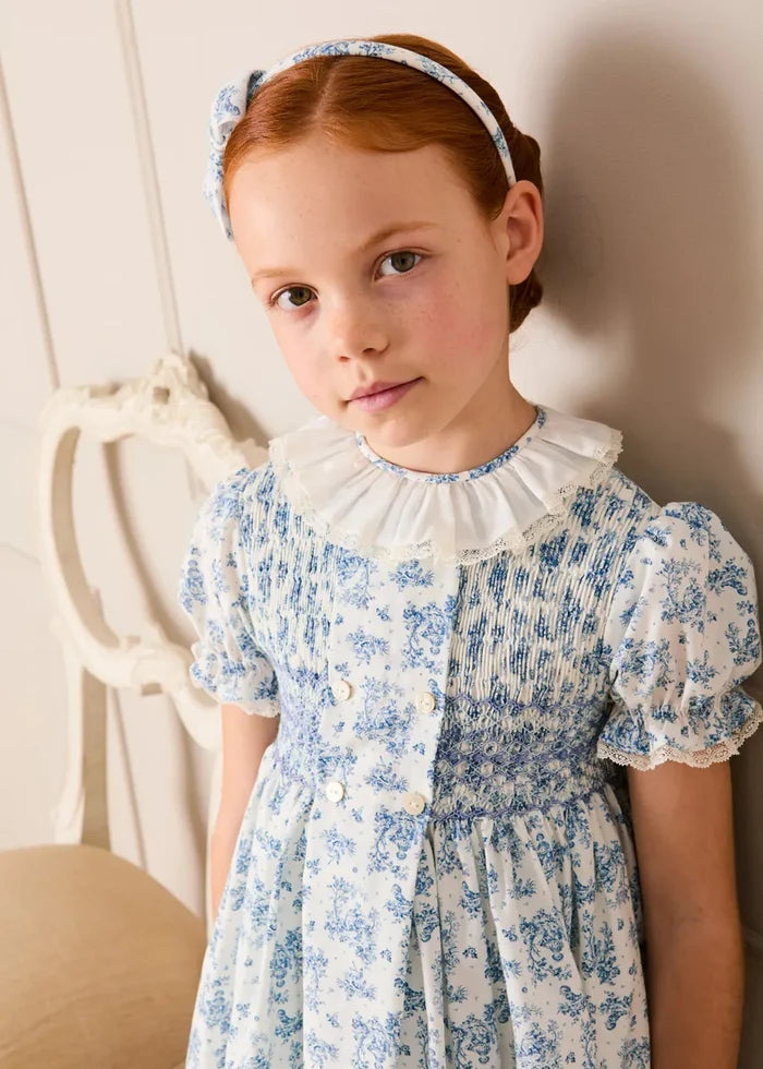 Audrey Toile Hand Smocked Ruffle Collar Short Sleeve Dress in Blue (12mths- 10yrs) DRESSES from Pepa London