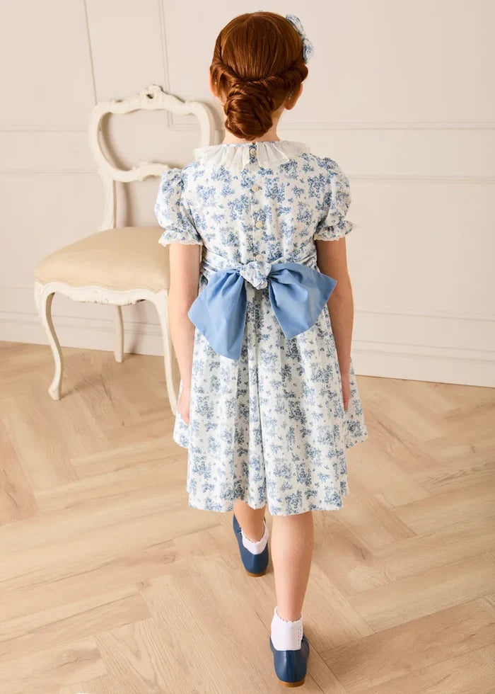 Audrey Toile Hand Smocked Ruffle Collar Short Sleeve Dress in Blue (12mths- 10yrs) DRESSES from Pepa London