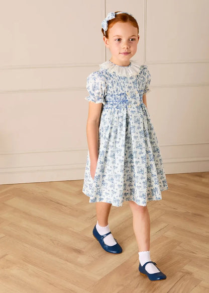 Audrey Toile Hand Smocked Ruffle Collar Short Sleeve Dress in Blue (12mths- 10yrs) DRESSES from Pepa London