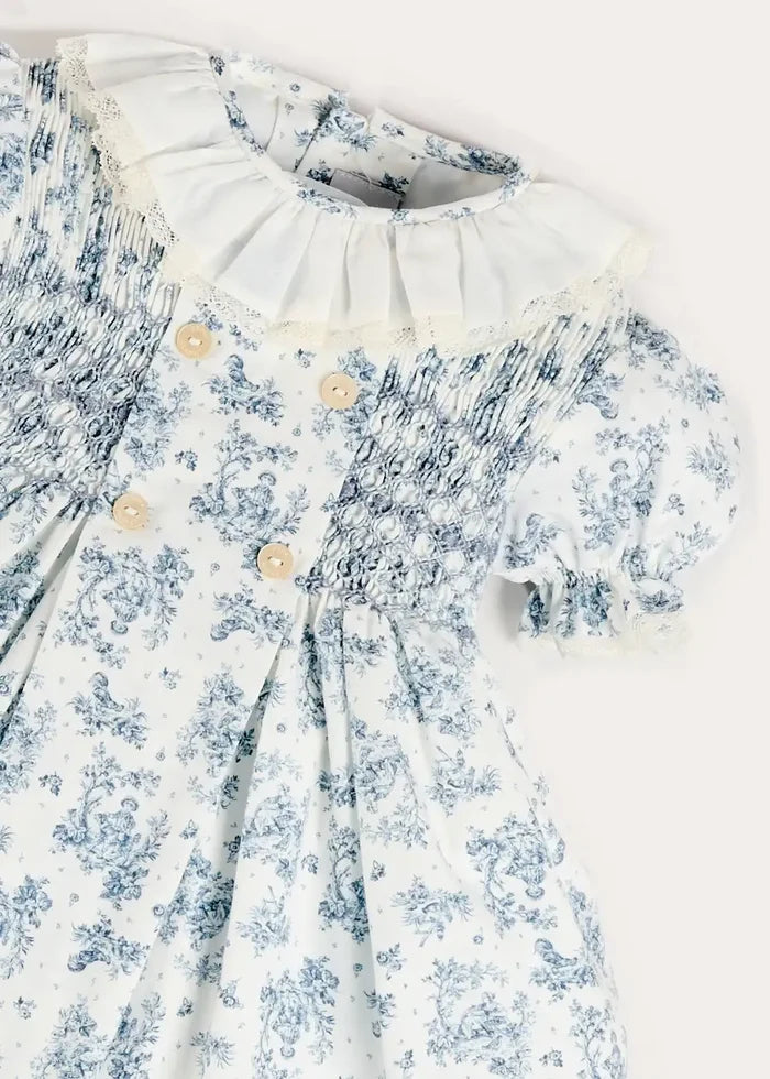 Audrey Toile Hand Smocked Ruffle Collar Short Sleeve Dress in Blue (12mths- 10yrs) DRESSES from Pepa London