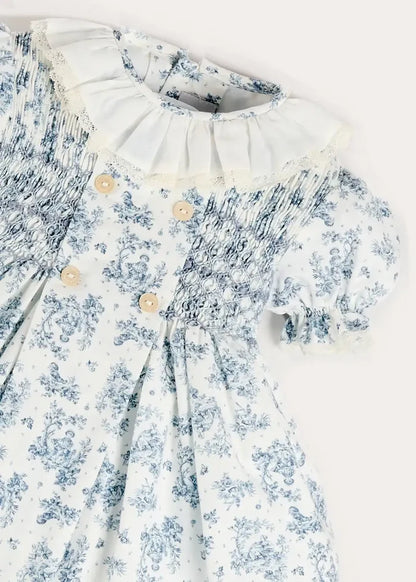 Audrey Toile Hand Smocked Ruffle Collar Short Sleeve Dress in Blue (12mths- 10yrs) DRESSES from Pepa London