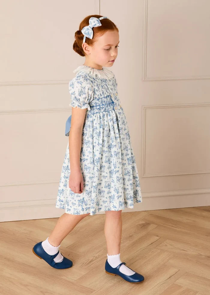 Audrey Toile Hand Smocked Ruffle Collar Short Sleeve Dress in Blue (12mths- 10yrs) DRESSES from Pepa London