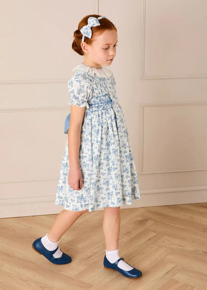 Audrey Toile Hand Smocked Ruffle Collar Short Sleeve Dress in Blue (12mths- 10yrs) DRESSES from Pepa London
