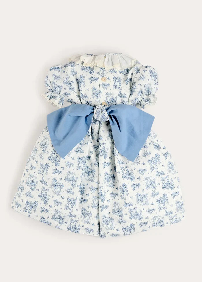Audrey Toile Hand Smocked Ruffle Collar Short Sleeve Dress in Blue (12mths- 10yrs) DRESSES from Pepa London